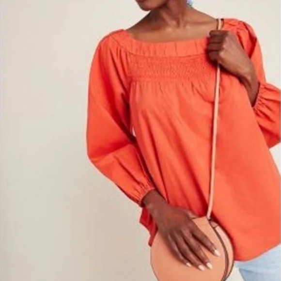 Anthropologie MaEve Jessie Smocked Neck Peasant Top Longsleeve Orange Medium - Picture 1 of 5